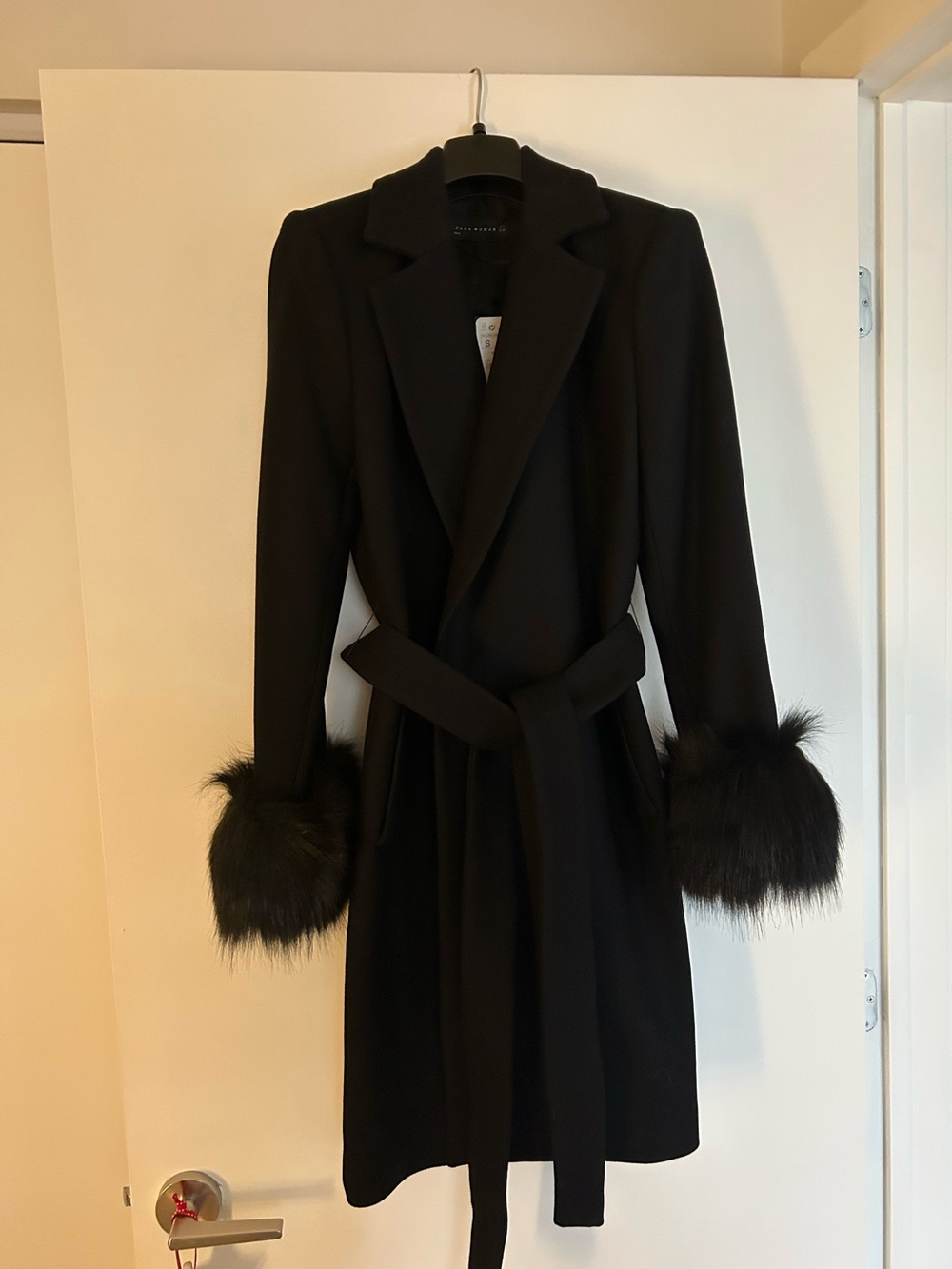 Zara Black Women's Wool Blend Coat with Faux Fur Cuffs